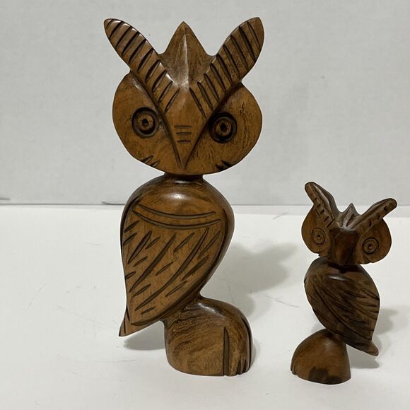 2 Adorable Hand Carved MCM Wood Owl Statue Figurines Unique Weirdo 8” & 5” - Picture 2 of 7